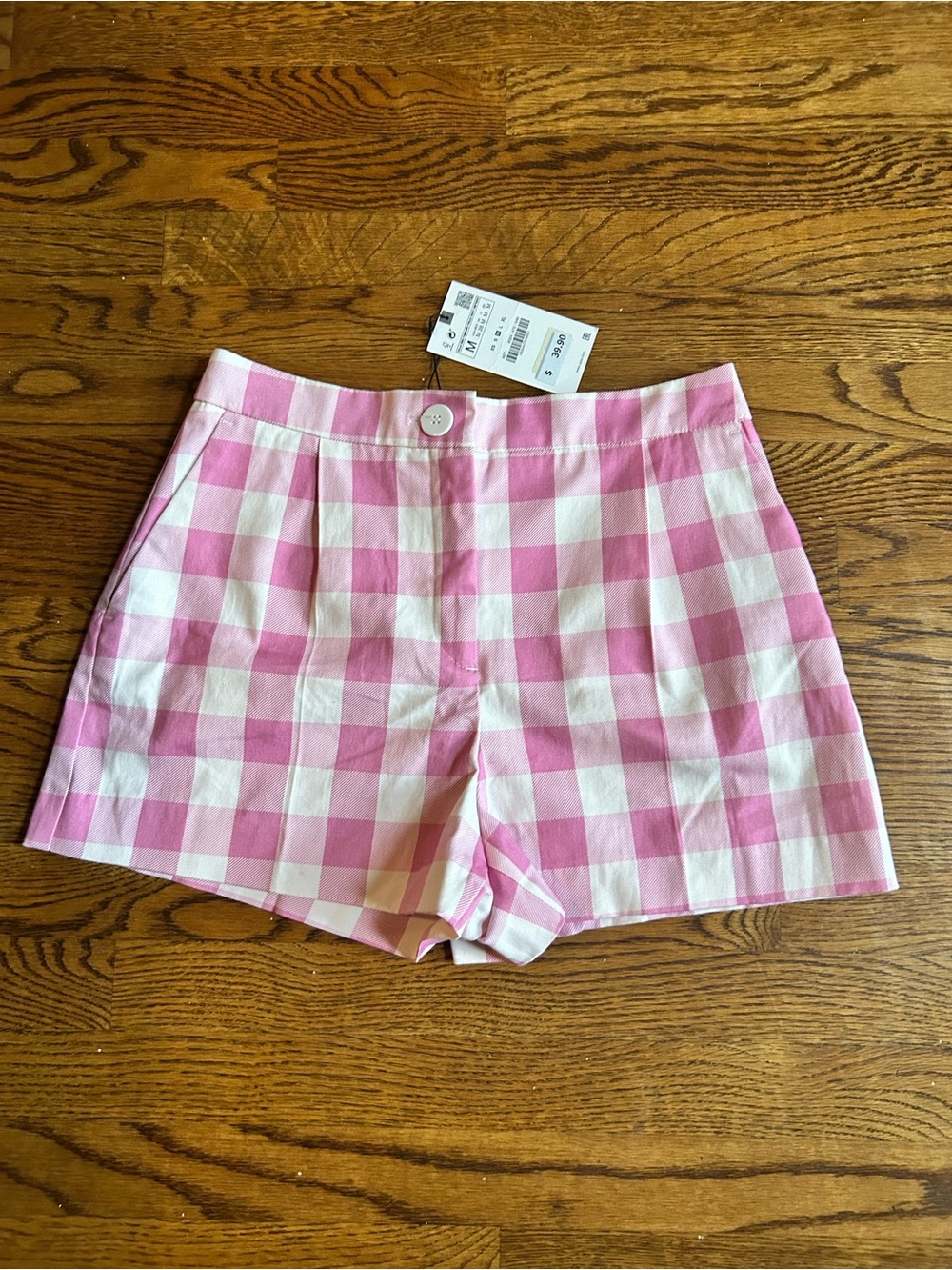 Zara Pink White Gingham High Waist Shorts NWT Size Medium - Picture 2 of 6